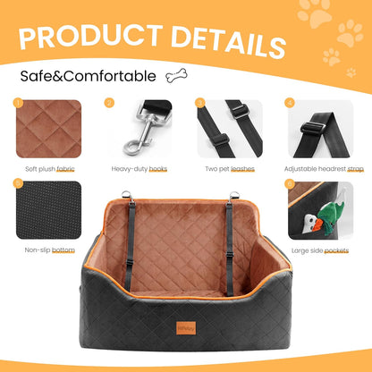 Dog Car Seat for Small Dog with Washable Mat, Memory Foam Booster Seat for Dogs Under 55lb, Elevated Pet Seat with Pockets, Anti-Slip Bed for Car, Perfect for Back Seats & Trunk with 2 Safety Leashes