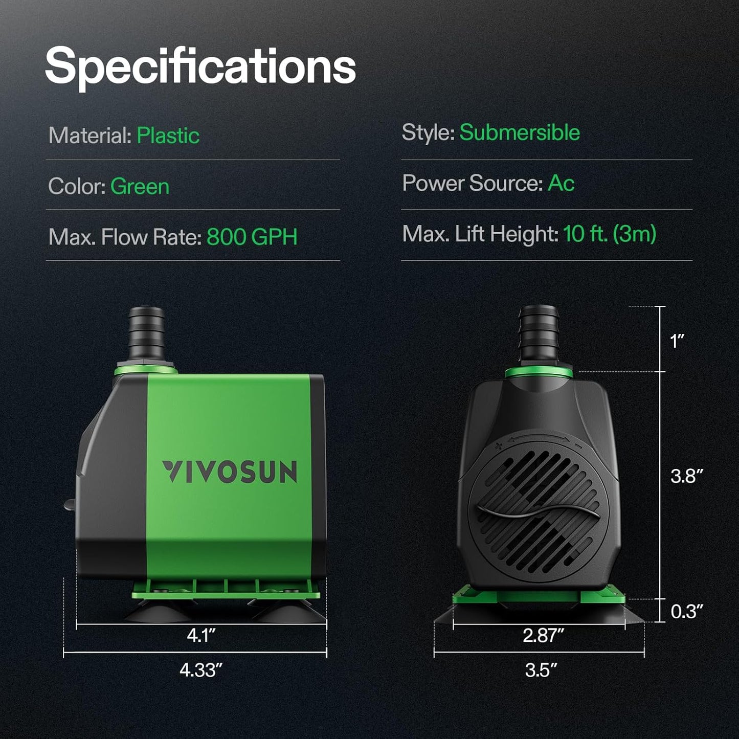 VIVOSUN 800GPH Submersible Pump(3000L/H, 24W), Ultra Quiet Water Fountain Pump with 10ft. High Lift with 6.5ft. Power Cord, 3 Nozzles for Fish Tank, Pond, Aquarium, Statuary, Hydroponics Green