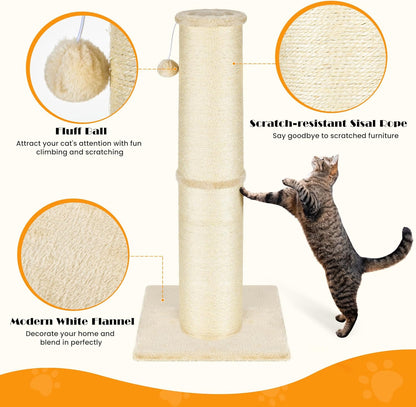 PAWSCRAT Cat Scratching Post 32" Tall, Large Diameter Natural Sisal Cat Scratch Post with Dangling Ball, Scratch-Resistant and Durable for Indoor Cats, Protect Your Furniture,Large/X-Large