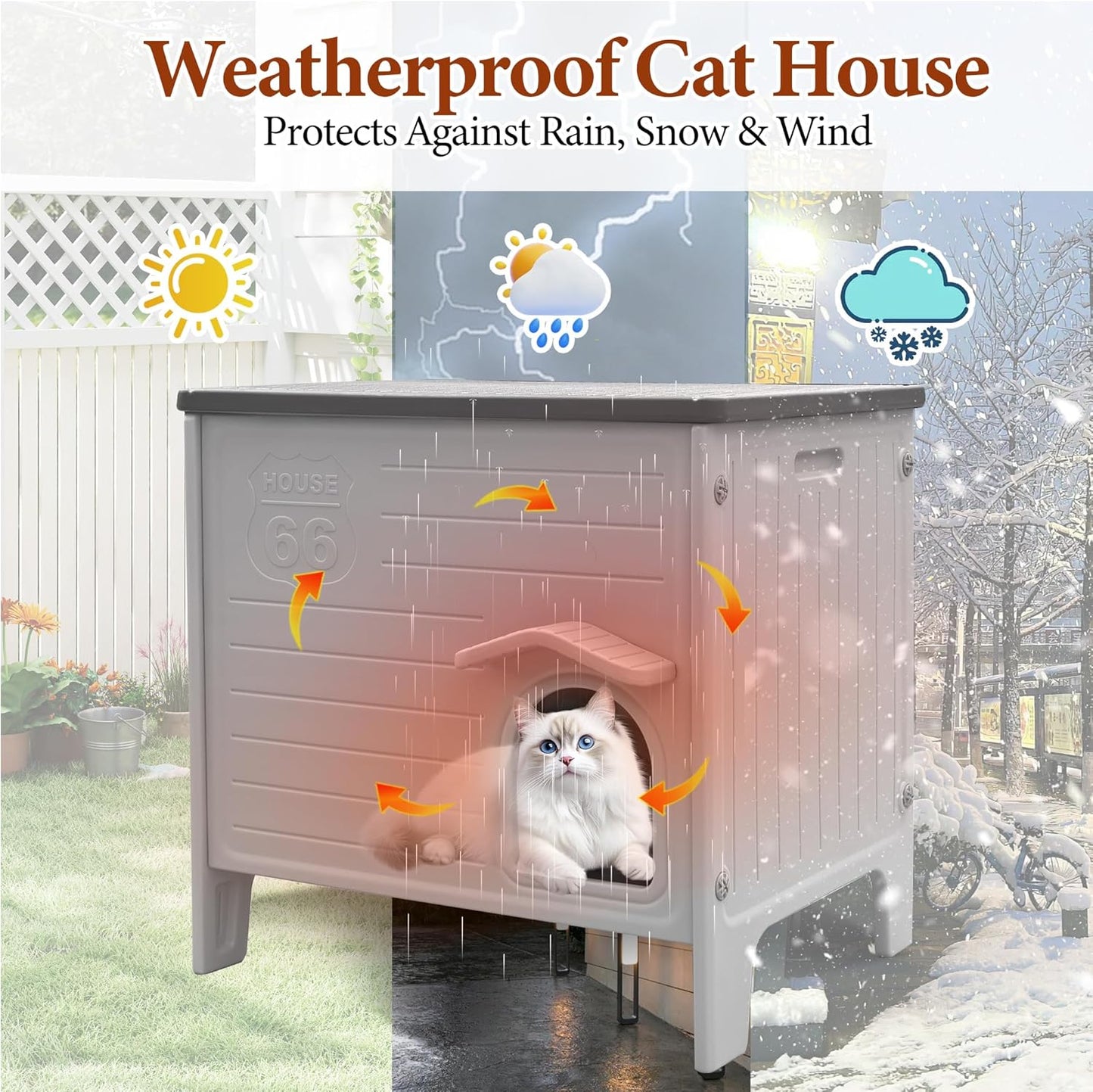 Deblue Insulated Cat House Outdoor Weatherpoof Plastic Cats Houses with Escape Door Indoor Waterproof Feral/Pet Cat Shelter Outside for Puppy, Rabbit for Winter (Grey)