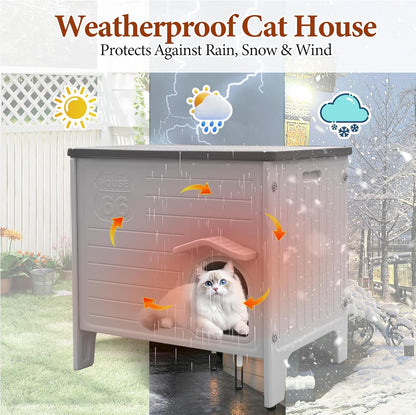 Deblue Insulated Cat House Outdoor Weatherpoof Plastic Cats Houses with Escape Door Indoor Waterproof Feral/Pet Cat Shelter Outside for Puppy, Rabbit for Winter (Grey)