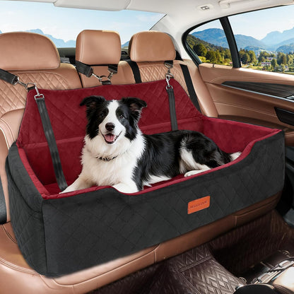 Large Dog Car Seat Under 100 lbs, Washable Dog Car Bed for 2 Medium Dogs, Detachable Pet Booster Seat with Storage Pocket and Seat Belt for Back Seat