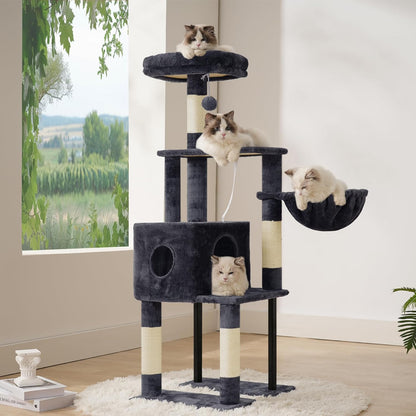 Heybly Cat Tree, 49.2 Inches Cat Tower for Indoor Cats, Spacious Cat House Condo with Hidden Space，Sturdy Steel Tube，Soft Plush Top Perch，Cozy Hammock and Sisal Scratching Posts, Smoky Gray HCT200SG
