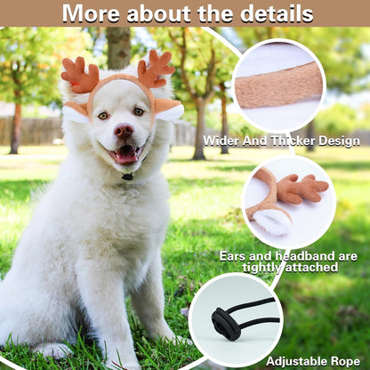 Beviliu Dog Reindeer Antlers Headband, Brown Dog Christmas Antlers Costume for Medium Large Dogs Fluffy Elastic Pet Costume, Adjustable Deer Antlers for Dogs & Cats Halloween Party Birthday