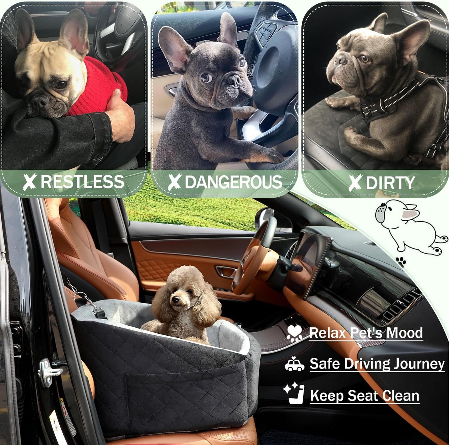 Small Dog Car Seat for Under 30lbs Dog Booster Seat Detachable Washable Pet Car Seat with Safety Leash and Storage Pockets Black&Grey Puppy Travel Bed
