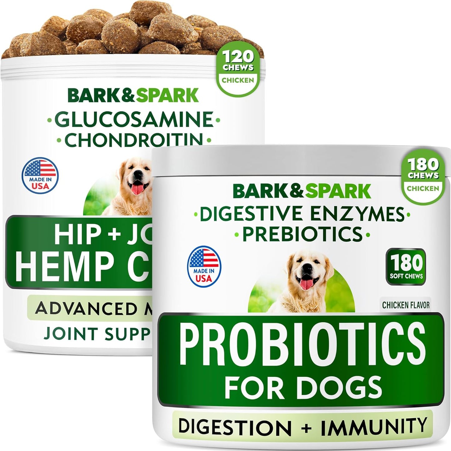 Dog Probiotics Chews + Hemp Treats + Glucosamine Bundle - Digestive Enzymes + Prebiotics + Chondroitin, MSM, Omega-3 - Gas, Diarrhea, Allergy, Constipation, Upset Stomach Relief + Joint Pain Relief