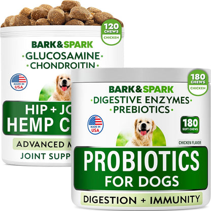 Dog Probiotics Chews + Hemp Treats + Glucosamine Bundle - Digestive Enzymes + Prebiotics + Chondroitin, MSM, Omega-3 - Gas, Diarrhea, Allergy, Constipation, Upset Stomach Relief + Joint Pain Relief