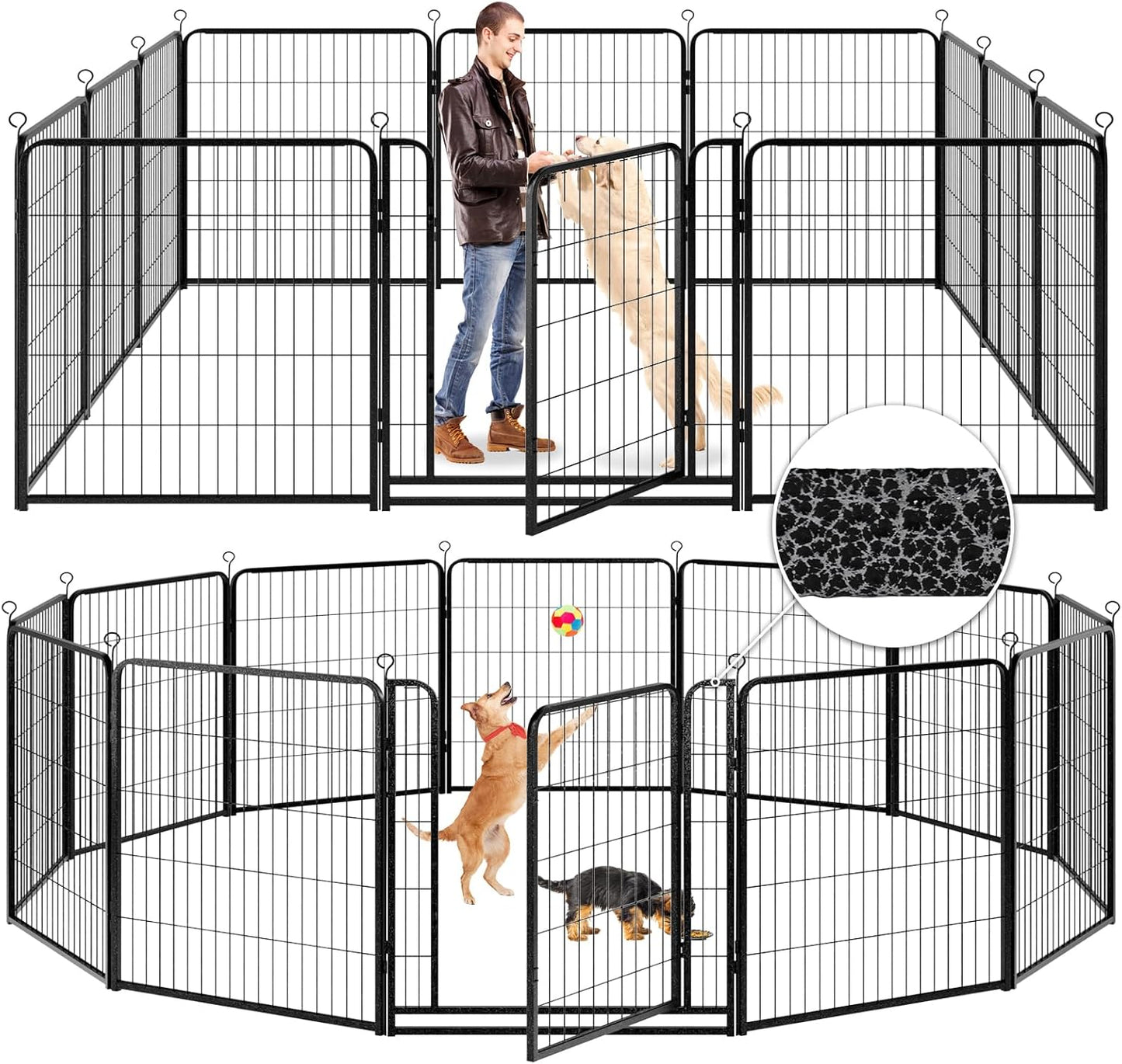 Dog Playpen Outdoor Extra Wide 12 Piece Panels Heavy Duty Anti-Rust Coating-Strengthened Dog Fence 40" Height with Doors Portable for RV Camping Yard, Total 32FT, 79 Sq.ft, Snowy Black