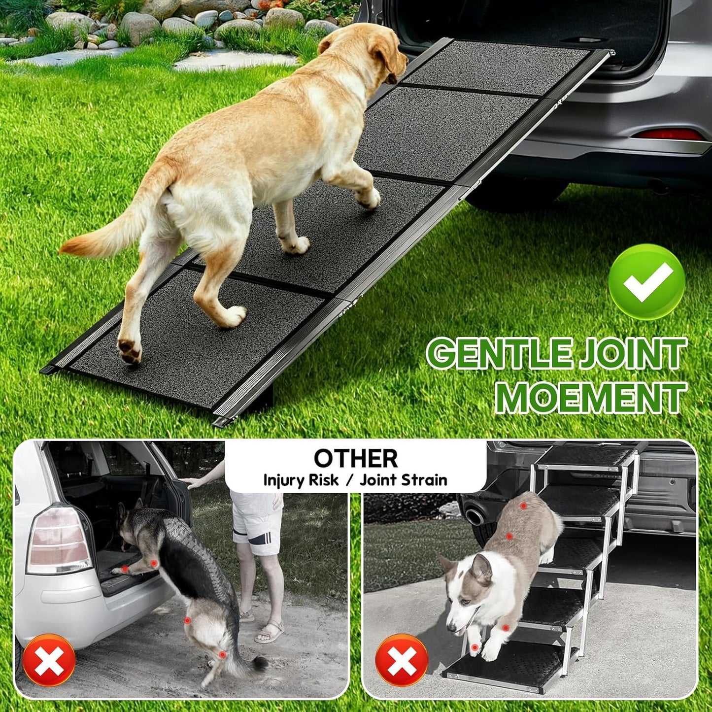 67''x 17'' Folding Dog Ramp for Truck, Aluminum Pet Ramp for Large Dogs, Foldable Dog Stairs Steps Up to 250LBS, with Non-Slip Rug Surface for Car, SUV, Bed, Indoor & Outdoor(Wire Loop Fabric)