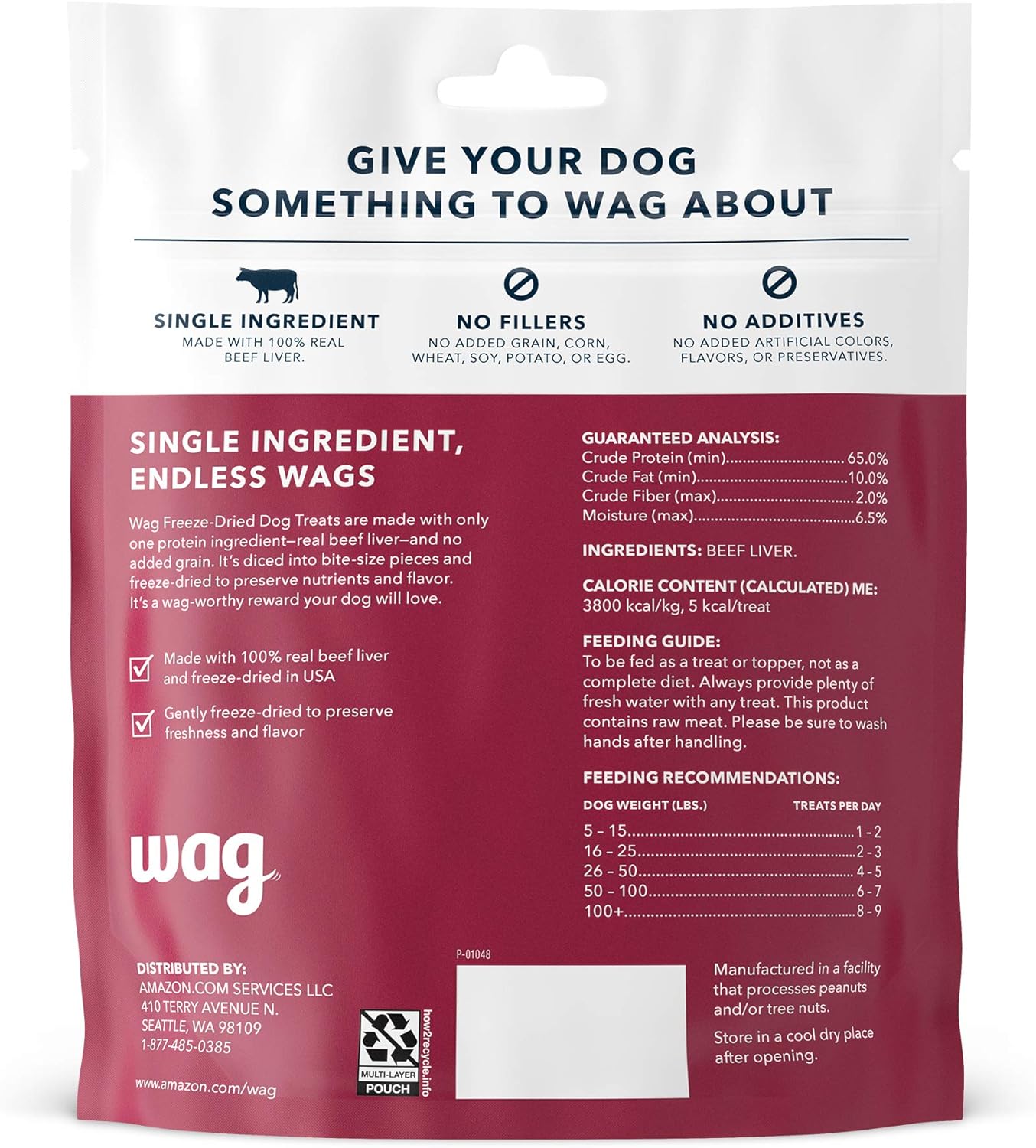 Amazon Brand - Wag Freeze-Dried Raw Single Ingredient Dog Treats, Beef Liver, High Protein, Health Training Treats or Meal Topper for all Dogs, Grain-Free, 3.3 Ounce (Pack of 1)