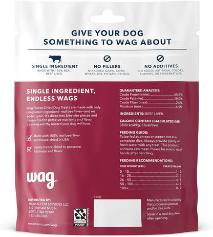 Amazon Brand - Wag Freeze-Dried Raw Single Ingredient Dog Treats, Beef Liver, High Protein, Health Training Treats or Meal Topper for all Dogs, Grain-Free, 3.3 Ounce (Pack of 1)