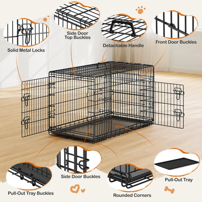 Yaheetech 42 inch Double Door Dog Crate w/Divider for Puppy to Adult XL Collapsible Metal Crate with Removable Tray Wire Dog Kennel for Large Dogs Portable Travel Cage, Black