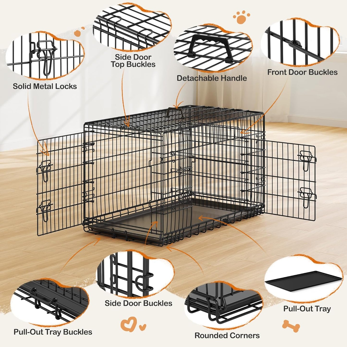 Yaheetech 42 inch Double Door Dog Crate w/Divider for Puppy to Adult XL Collapsible Metal Crate with Removable Tray Wire Dog Kennel for Large Dogs Portable Travel Cage, Black