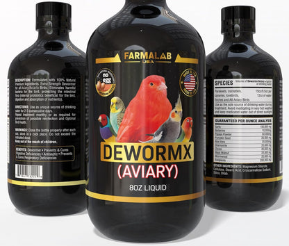 Farmalab DEWORMX Liquid Extra Strength 2oz 8oz Budgies, Parakeet, Finches, Lovebirds Small Caged Birds para periquitos, cacatillos, cotorras, Canarios, guacamayos, Quakers y Aves (Aviary 8oz)