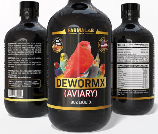 Farmalab DEWORMX Liquid Extra Strength 2oz 8oz Budgies, Parakeet, Finches, Lovebirds Small Caged Birds para periquitos, cacatillos, cotorras, Canarios, guacamayos, Quakers y Aves (Aviary 8oz)