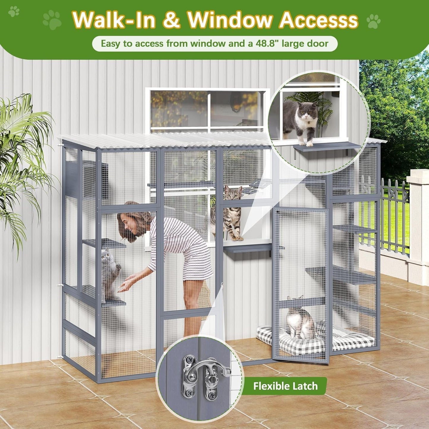 COZIWOW Catio Outdoor Cat Enclosure Window, 104" Wooden Large Catio Outside Cattery for Multiple Cats with Sloped Waterproof Cover, Grey