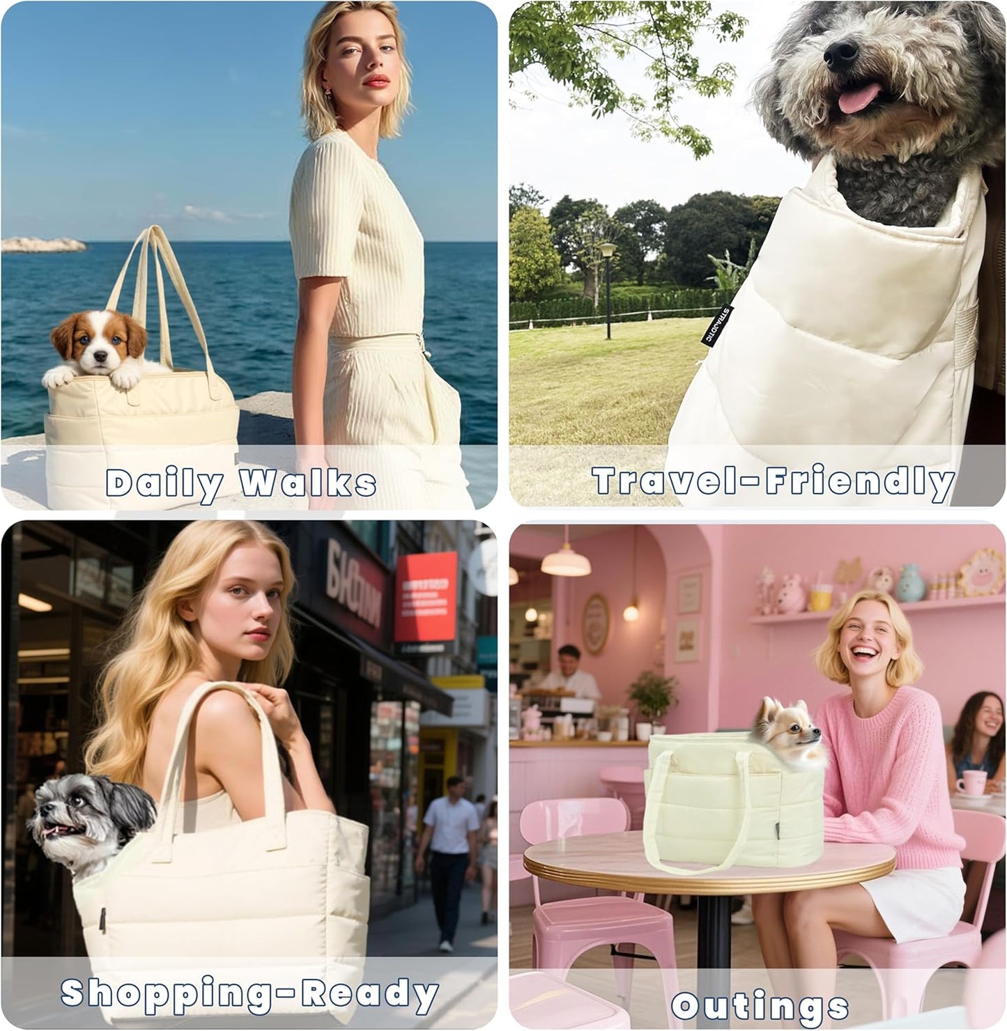 Lightweight Dog Purse Carrier for Small Dogs Under 15 lbs, Puffy Quilted Pet Carrier Tote for Puppies with Safety Leash Clip, Women's Hands-Free Dog Carrier Bag for Travel/Shopping (Brown)