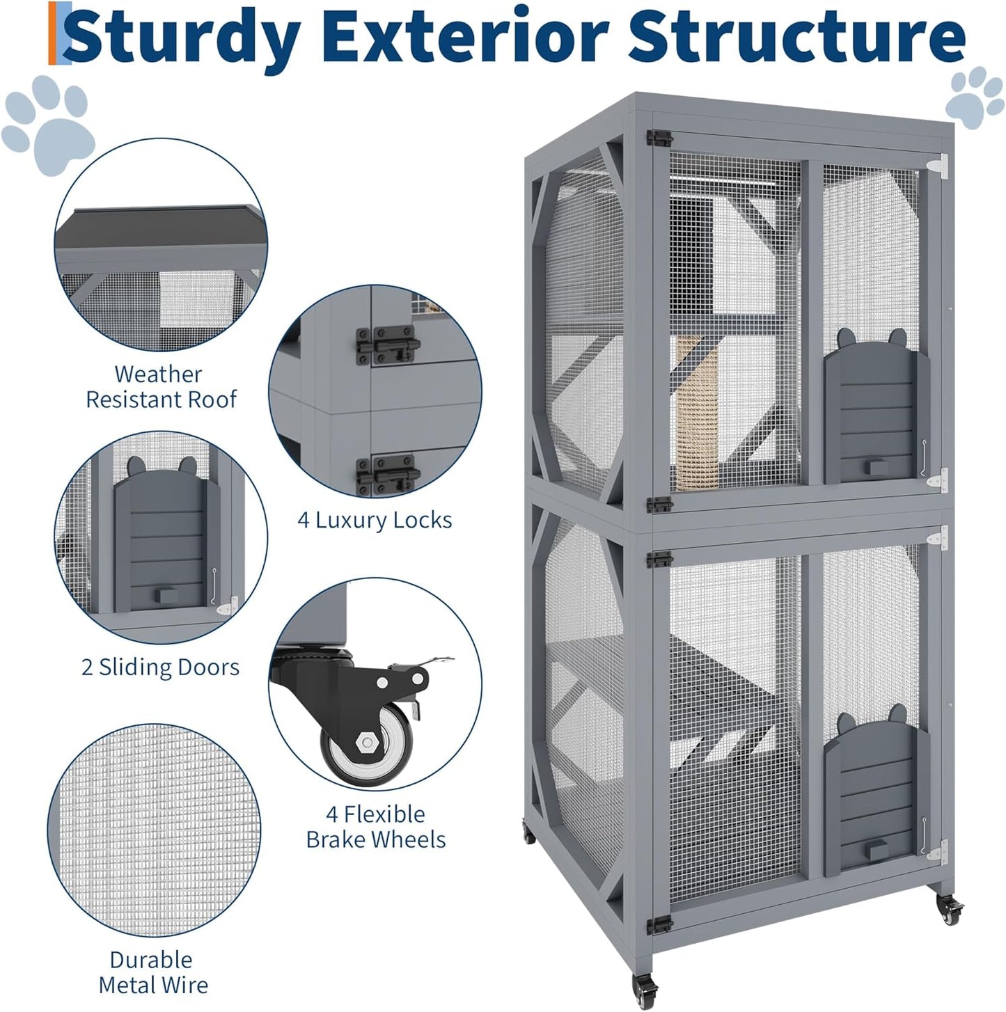 Outdoor Catio Enclosure on Wheel, 68" Large Catio Outdoor Cat Enclosure with Weatherproof Asphalt Roof & Sliding Doors, Wooden Cat Condo Cage Shelter Playpen with Napping House & 4 Jumping Platforms