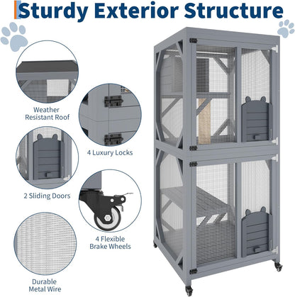 Outdoor Catio Enclosure on Wheel, 68" Large Catio Outdoor Cat Enclosure with Weatherproof Asphalt Roof & Sliding Doors, Wooden Cat Condo Cage Shelter Playpen with Napping House & 4 Jumping Platforms