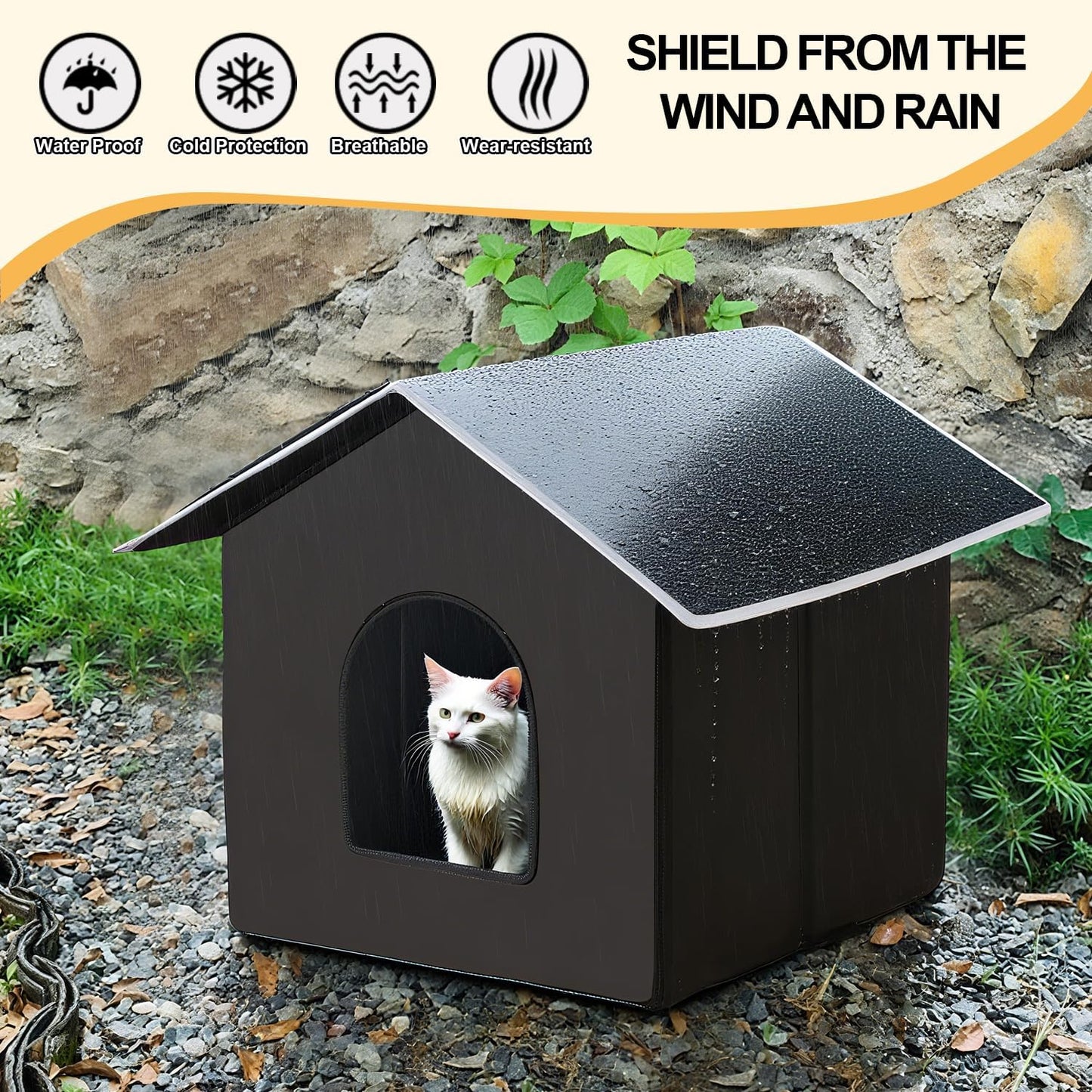 Outdoor Pet Shelter, Waterproof Portable Cat House, Collapsible Indoor Kennel with Window for Small Dogs, Rabbits, Cats (Black, M Model Without Escape Door)