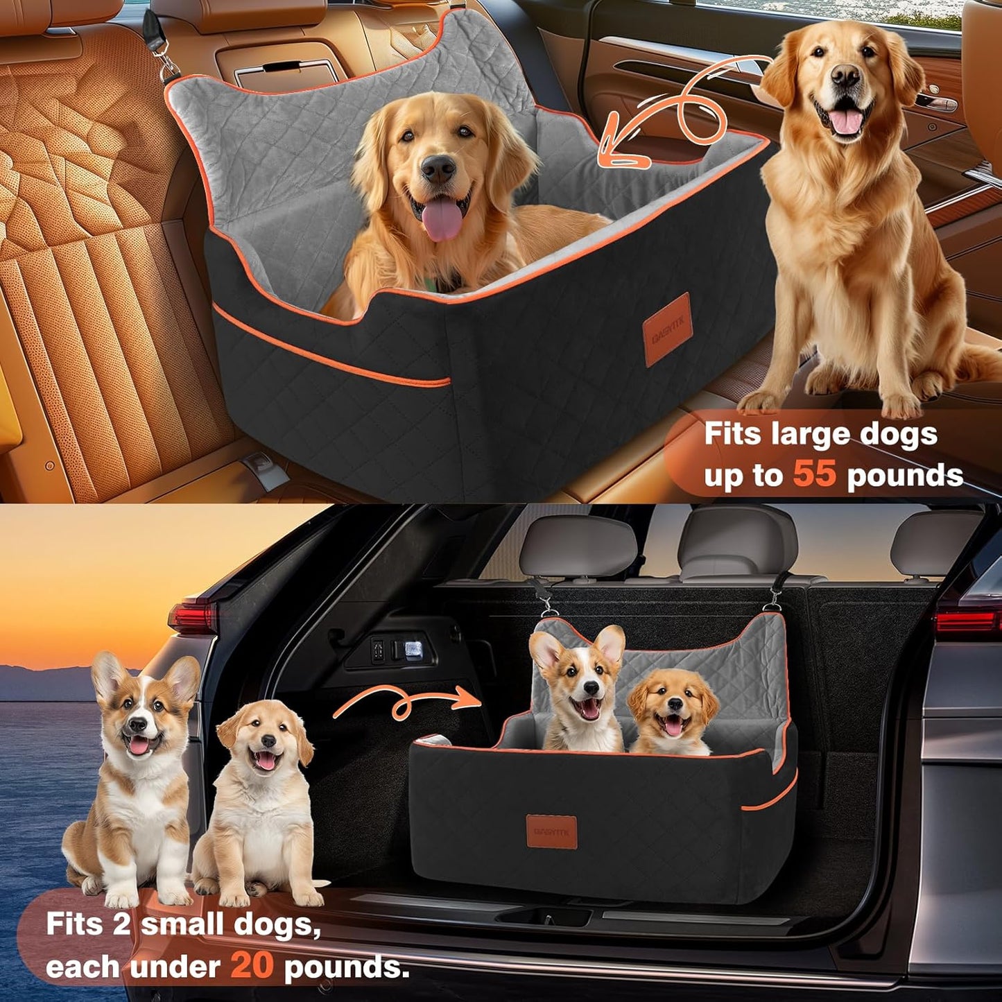 Dog Car Seat for Large or Medium Sized Dog, Detachable Washable Pet Car Seat, Fits Pets Under 55 lbs or 2 Small Dogs, Multi-Functional Dog Booster Seat, Travel Dog Bed for Car, Black&Grey
