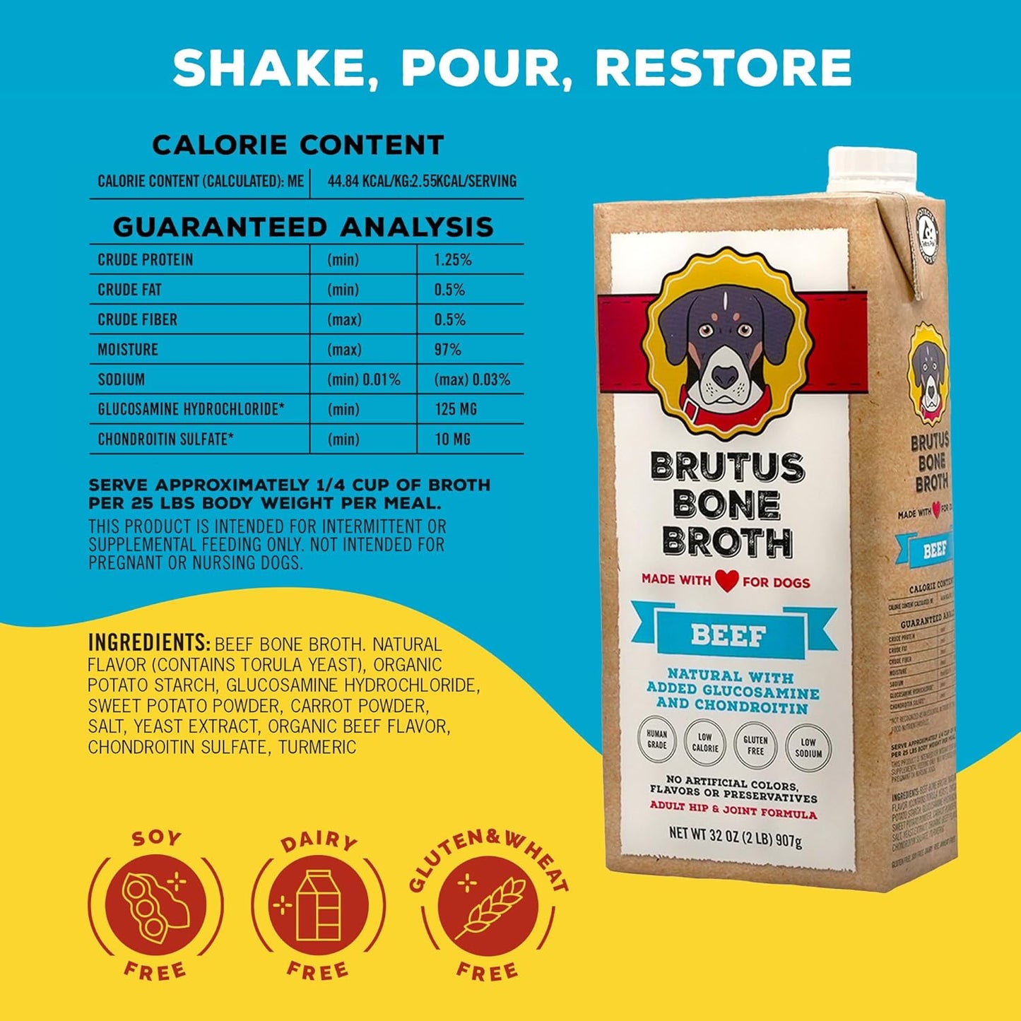 Brutus Beef Bone Broth for Dogs - All Natural Dog Bone Broth with Chondroitin Glucosamine & Turmeric -Human Grade Dog Food Toppers for Picky Eaters & Dry Food -Tasty & Nutritious