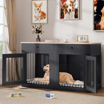 YITAHOME 60" Double Wooden Dog Crate Furniture with Removable Divider & Storage Drawers, 2 Doors Kennel with Locks for Medium & Large Dogs, Multi-Functional Dog Crate End Table for Indoor use, Black