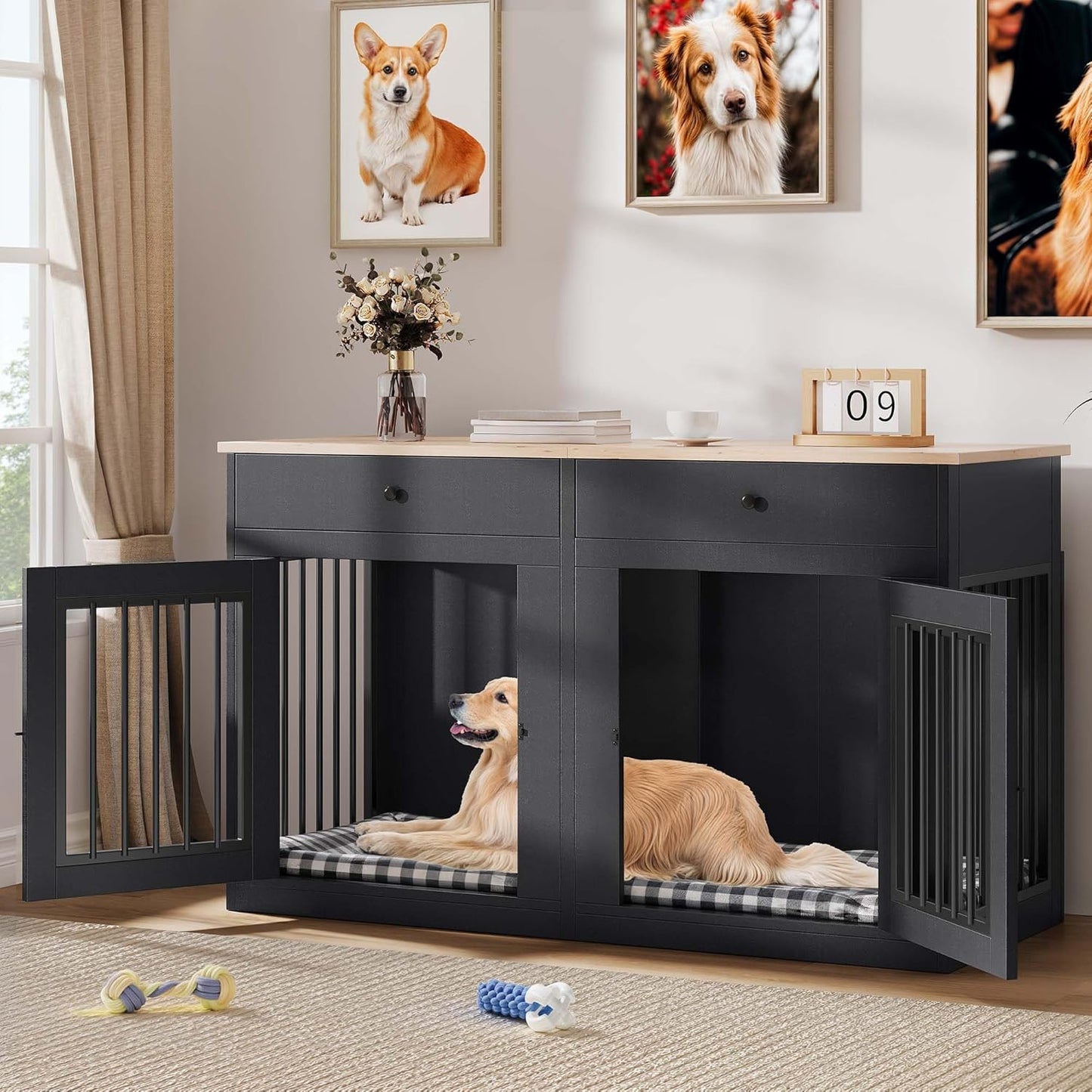 YITAHOME 60" Double Wooden Dog Crate Furniture with Removable Divider & Storage Drawers, 2 Doors Kennel with Locks for Medium & Large Dogs, Multi-Functional Dog Crate End Table for Indoor use, Black