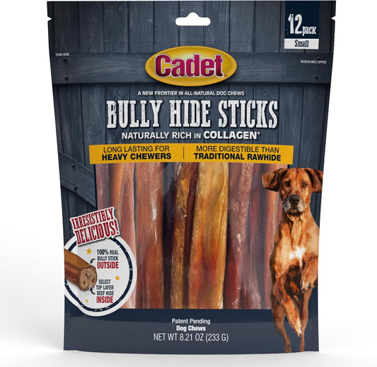 Cadet Bully Hide Sticks for Small Dogs, All-Natural Beef Pizzle, Limited-Ingredient Long-Lasting Dog Chews for Aggressive Chewers, 12 Count