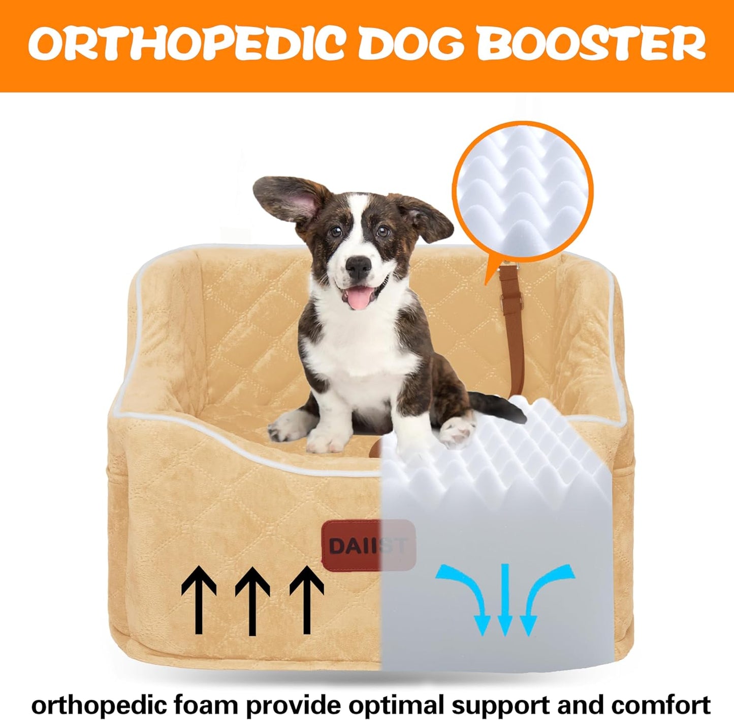 Dog Car Seat for Small Medium Dogs, Detachable Washable Dogs Booster Seat Under 35lbs, Elevated Dog Car Bed with Storage Pockets (Light Khaki, One Size)