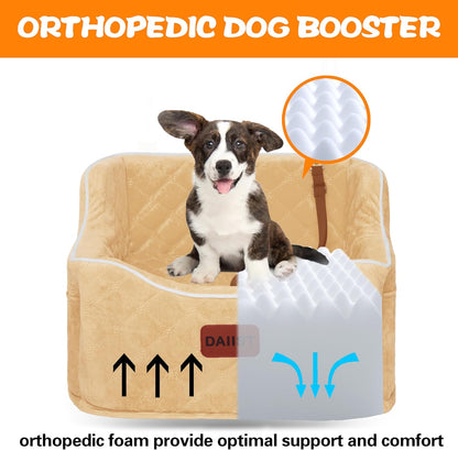 Dog Car Seat for Small Medium Dogs, Detachable Washable Dogs Booster Seat Under 35lbs, Elevated Dog Car Bed with Storage Pockets (Light Khaki, One Size)