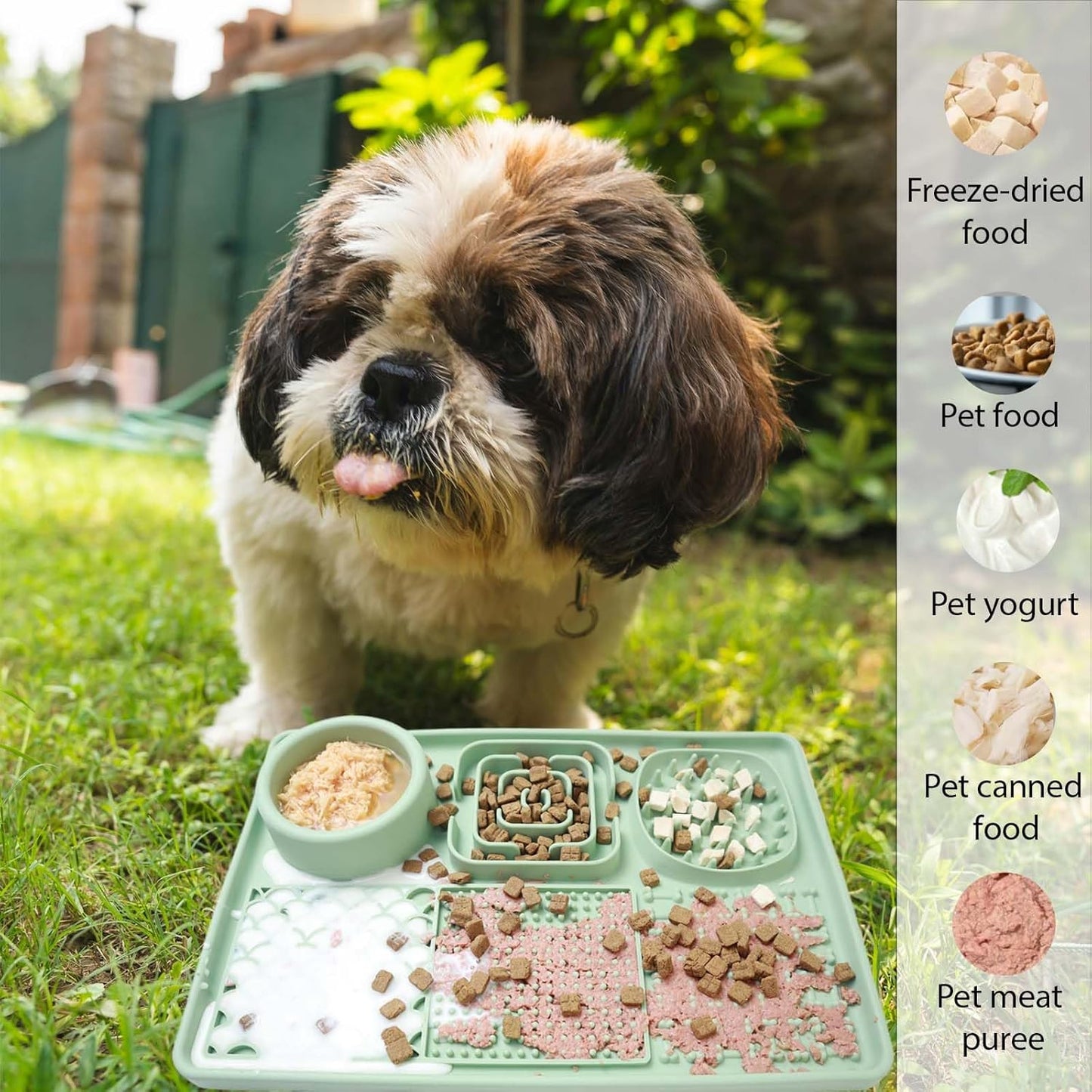 Licking Pad Mats 6 in 1 Green for Butter Yogurt Peanut Frozen Food, Dog Slow Feeder Puzzle Bowl, Silicone Anti-Slip Pets Treats Feeding Mat, Collapsible Dog Water Bowl