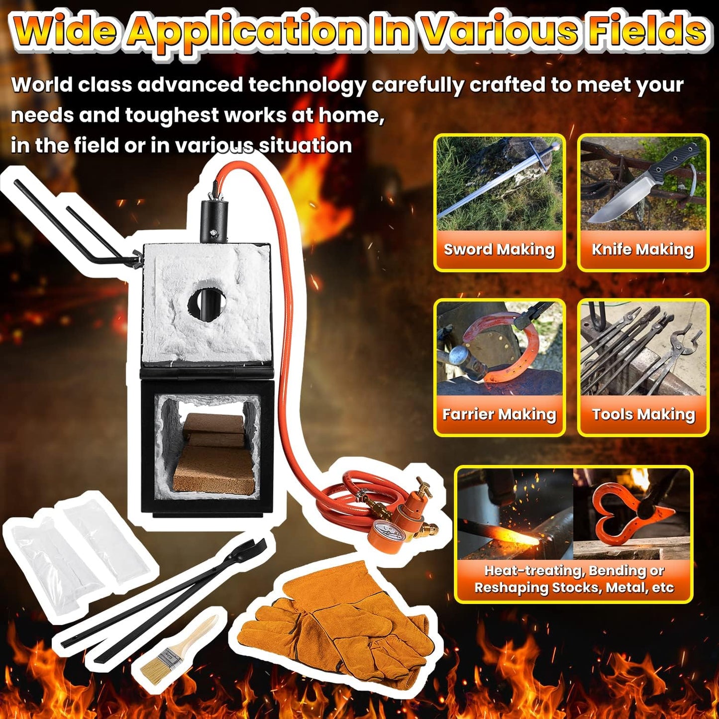 Triple Burners Portable Propane Gas Forge Three Burners 2700°F/1482℃ Large Capacity Square Forging Furnace for Blacksmithing Farrier Knife Tool Making Equipment with Tong & Gloves 2-Doors