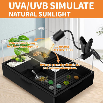 GOZILLA Reptile Heat Lamp, Turtle Lamp with 360° Goose Neck Rotatable Timing & Dimming Cycle Timer, 25W+50W UVA/UVB Reptile Light Bulbs for Reptiles and Amphibian Tanks, Terrariums and Cages.(Black)