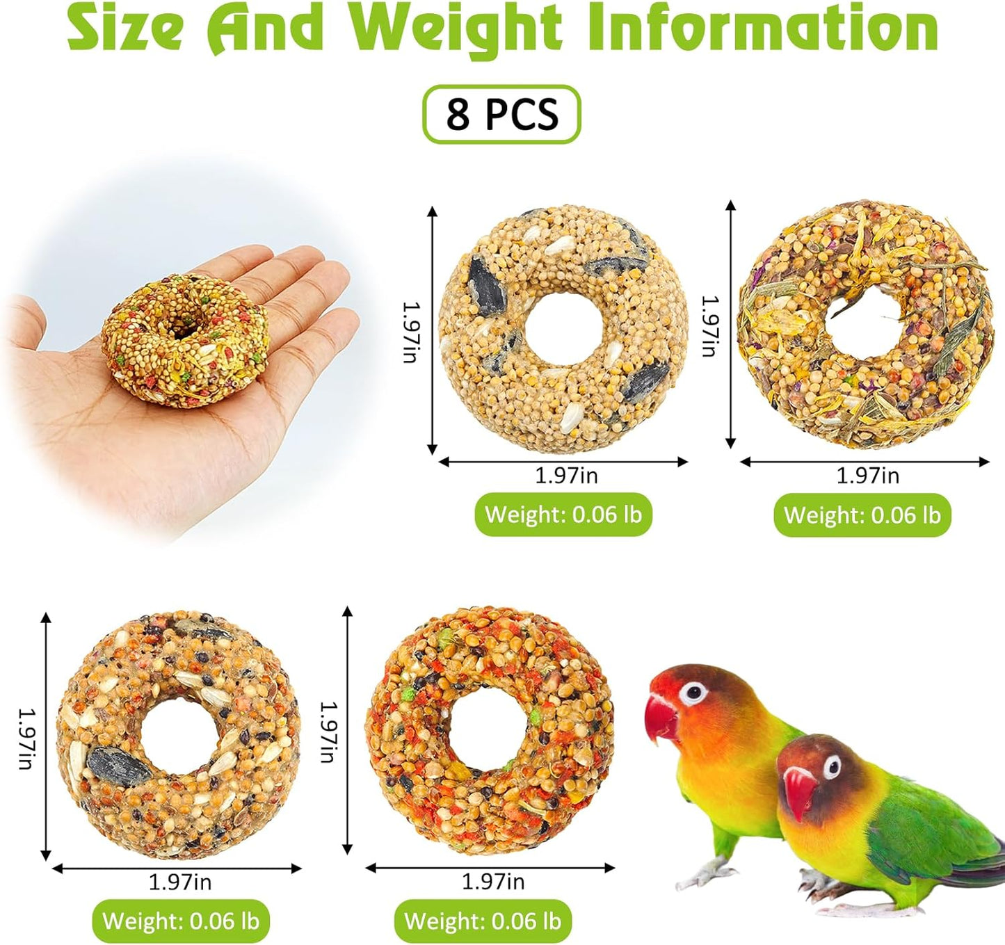 kathson Parakeet Treats, 8 Pcs Donut Shaped Bird Snacks, Grain Fruits Vegetables Herbs Mixed Parrot Treats, Natural Cockatiel Food for Conure Budgie Canary Chewing