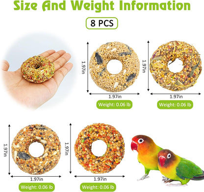 kathson Parakeet Treats, 8 Pcs Donut Shaped Bird Snacks, Grain Fruits Vegetables Herbs Mixed Parrot Treats, Natural Cockatiel Food for Conure Budgie Canary Chewing