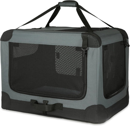 Amazon Basics 4-Doors Portable Soft-Sided Folding Travel Crate Kennel for cat, Dog, and Other Small Animals, Grey, M 30" x 21" x 21"