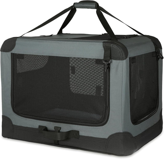 Amazon Basics 4-Doors Portable Soft-Sided Folding Travel Crate Kennel for cat, Dog, and Other Small Animals, Grey, M 30" x 21" x 21"