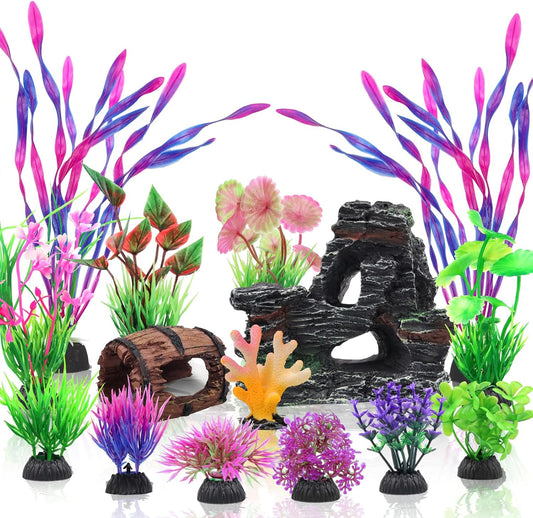 15 Pcs Aquarium Artificial Plastic Plants Decorations and Resin Barrel and Coral Rock Cave Set, Fish Tank Accessories Hideout Ornaments Aquarium Decor Set