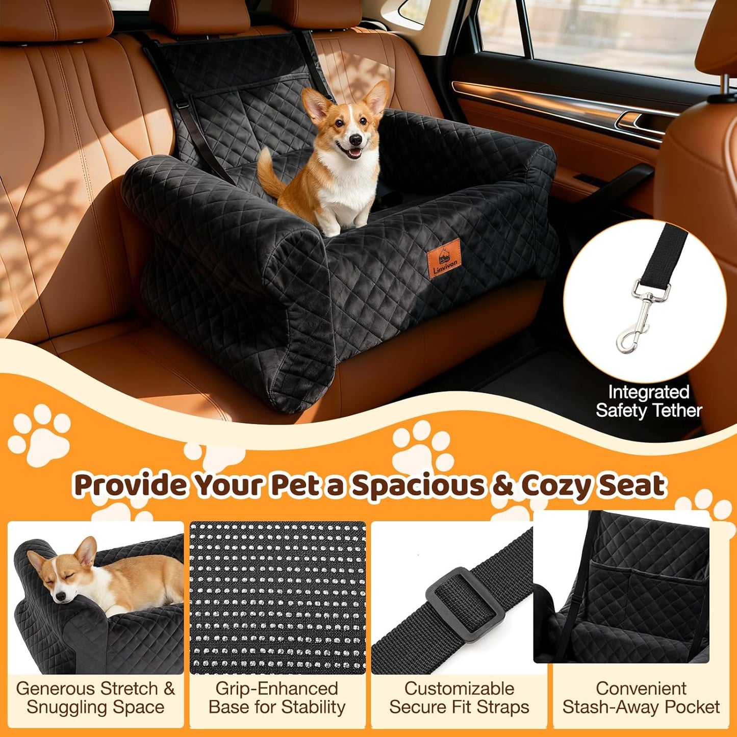 Dog Car Seat for Medium/Large Dogs up to 60 lbs, Memory Foam Dog Booster Seat with Thick Cushion, Pet Car Seat for Back with Detachable Washable Cover, Storage Pockets for SUV, Pick Up, Trunk, Black