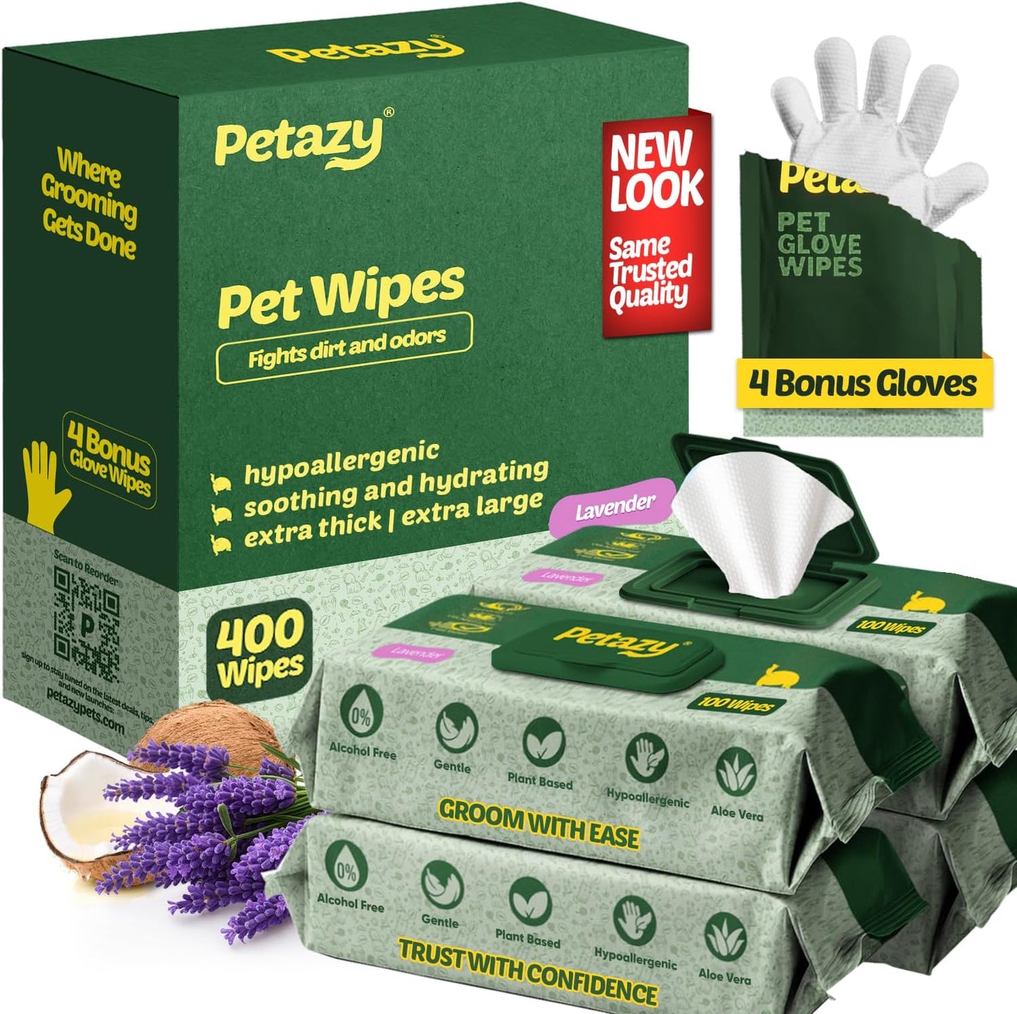 400 Dog Wipes for Paws and Butt Ears Eyes | XL 8X8 Organic Pet Wipes for Dogs | Lavender Scent Dog Wipes Cleaning Deodorizing | Extra Thick Paw Wipes for Dogs Cats Pets | +4 Bonus Glove Wipes