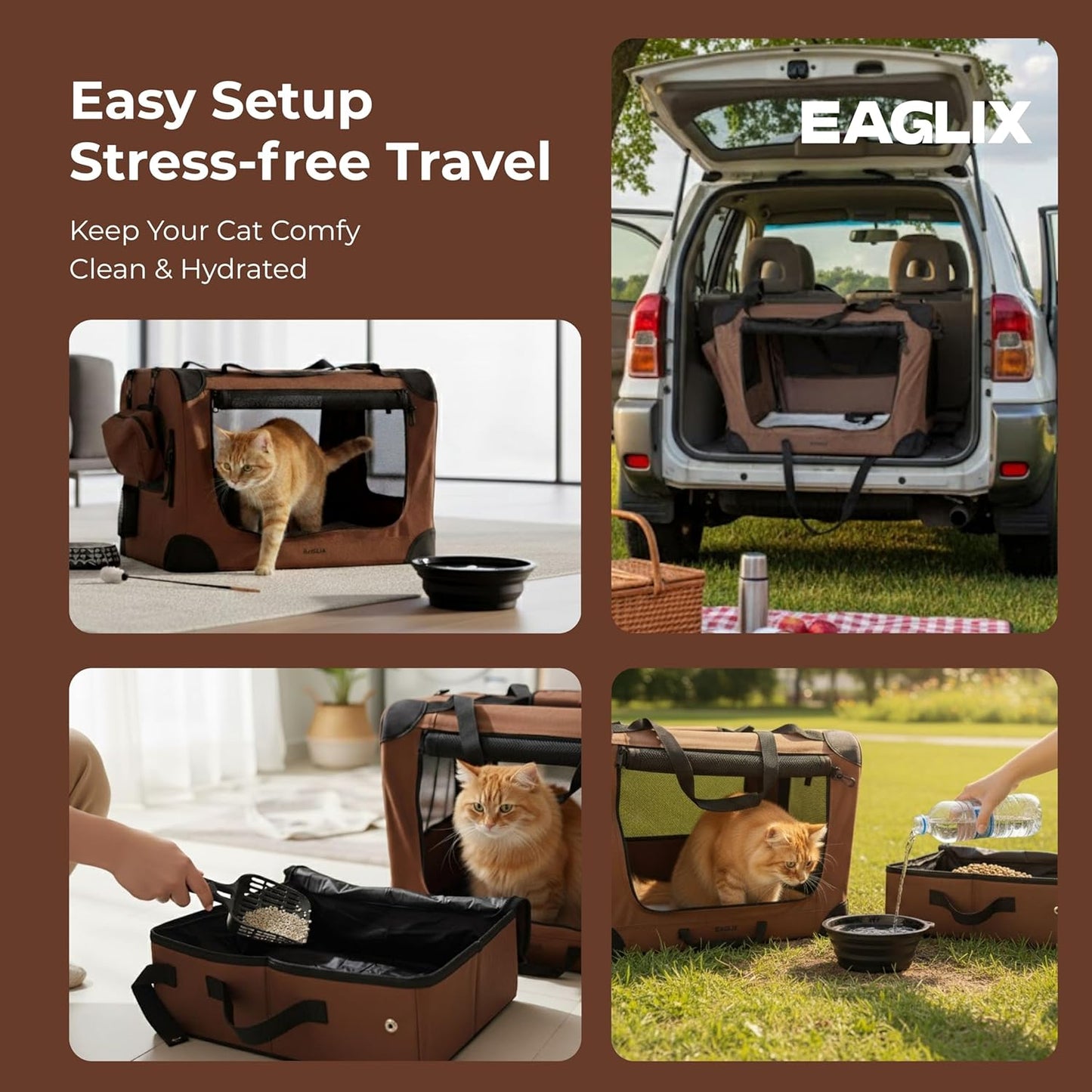 Cat Travel Carrier with Zippered Litter Box, Scooper & Water Bowl – Soft Sided Portable Cat Carrier for One Cat, Collapsible Pet Travel Bag for Indoor Use, Vet Visits & Long Trips