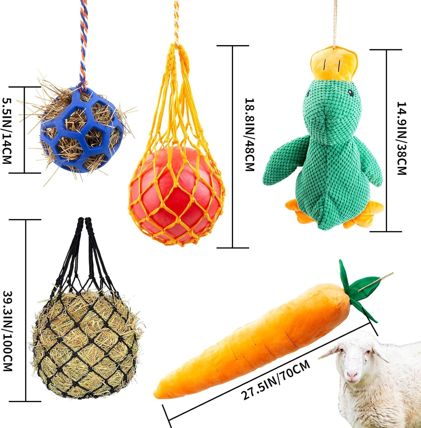 Horse Toys for Horses 5 PCS Set, Goats Enrichment Toys, Including Hay Net, Hay Ball, Toy Ball, Squeaky Duck, Plush Carrot Toy with Hanging Ropes for Goat,Sheep to Play with, Relieve Stress