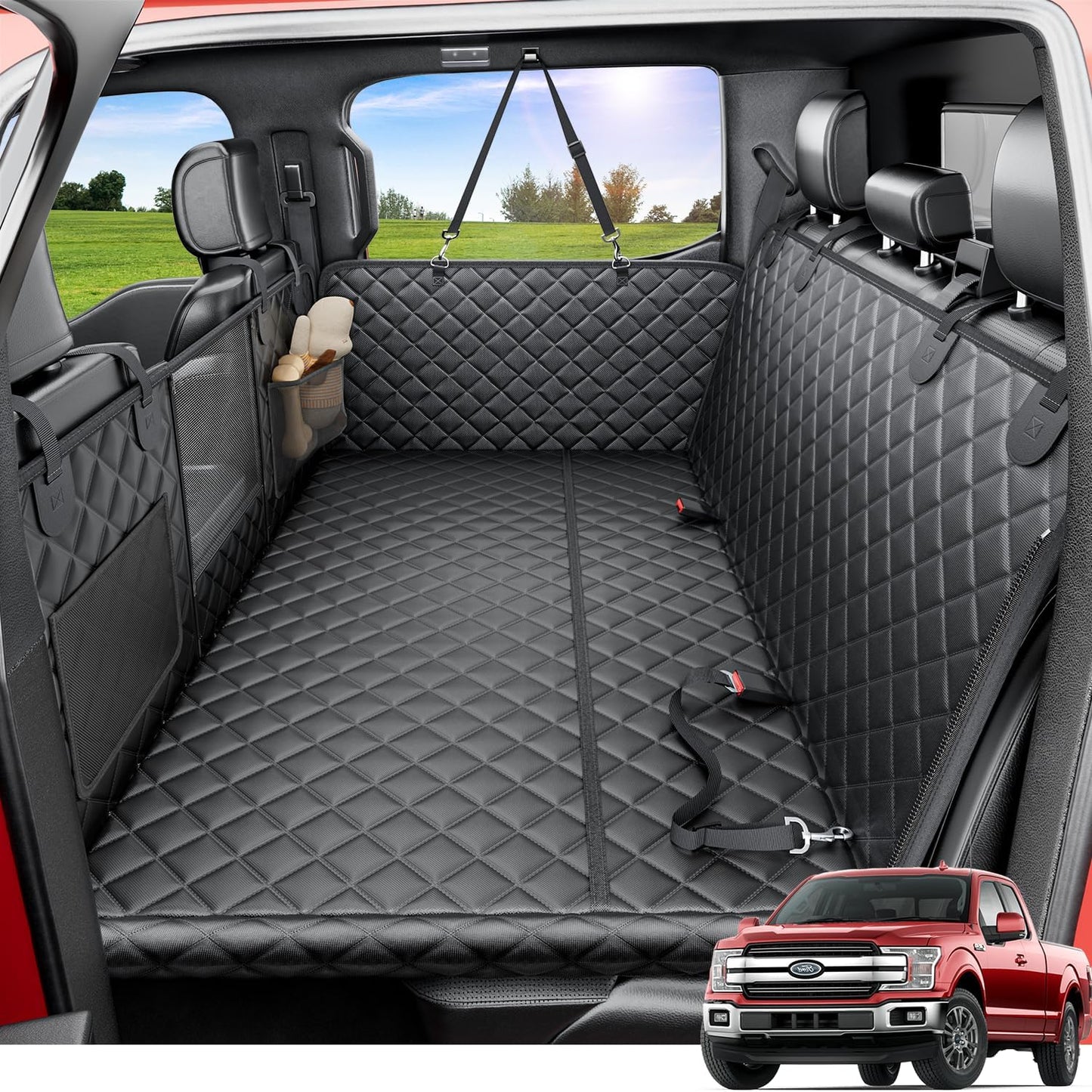 REEVAA Dog Truck Seat Cover for Back Seat, Hard Bottom Dog Hammock for Car, Pet Bed Extender for 2-4 Large Dogs, Waterproof Seat Protector, Universal XL Size Fits for Crew Cab Truck/SUV, Black