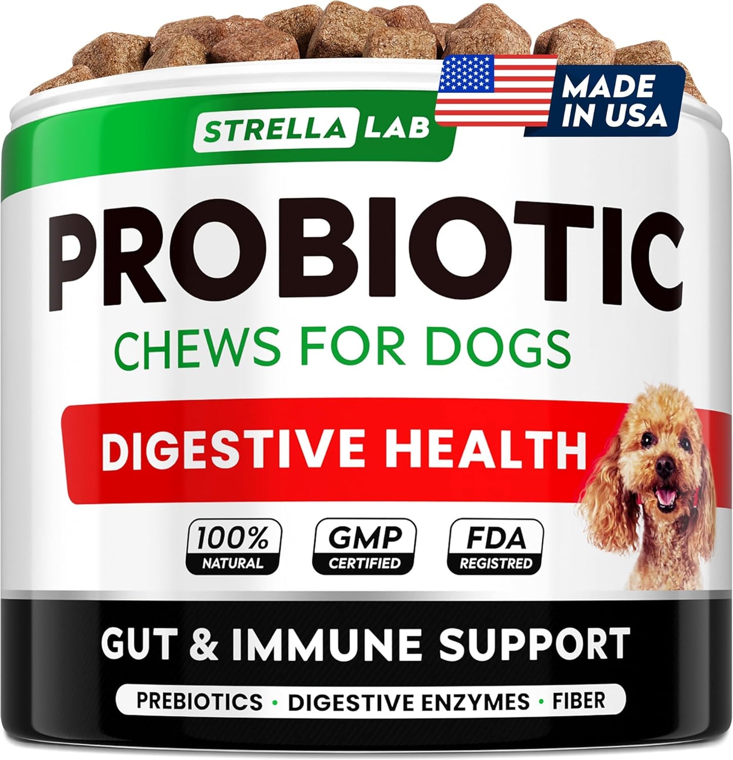 STRELLALAB Dog Probiotics Chews for Digestive Health & Gut Support with Yeast and Enzymes - Anti Gas, Diarrhea and Upset Stomach Immune Supplement - Digestion Treats with Fiber (120Ct, Chicken)