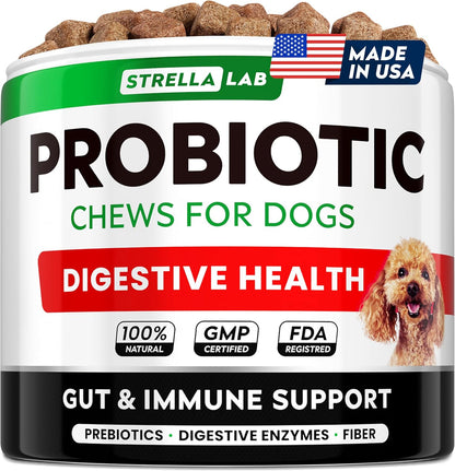 STRELLALAB Dog Probiotics Chews for Digestive Health & Gut Support with Yeast and Enzymes - Anti Gas, Diarrhea and Upset Stomach Immune Supplement - Digestion Treats with Fiber (120Ct, Chicken)