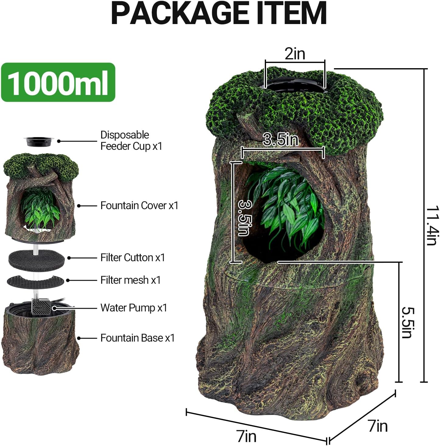 REPTI ZOO Reptile Waterfall Drinking Fountain with Food Dish, 1000ML Large Reptile Terrarium Water Dispenser for Bearded Dragon Chameleon Gecko Lizard Tree Frog