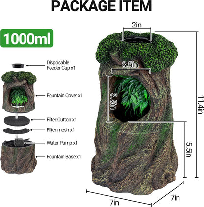 REPTI ZOO Reptile Waterfall Drinking Fountain with Food Dish, 1000ML Large Reptile Terrarium Water Dispenser for Bearded Dragon Chameleon Gecko Lizard Tree Frog