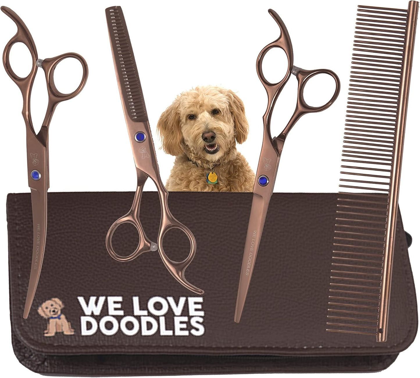 Dog Grooming Scissors Kit - Best Tools for Goldendoodles, Poodles & Doodles - Straight, Curved & Thinning Shears - Golden Doodle Grooming Kit - Professional Grade Steel, 4 Pc Set [We Love Doodles]