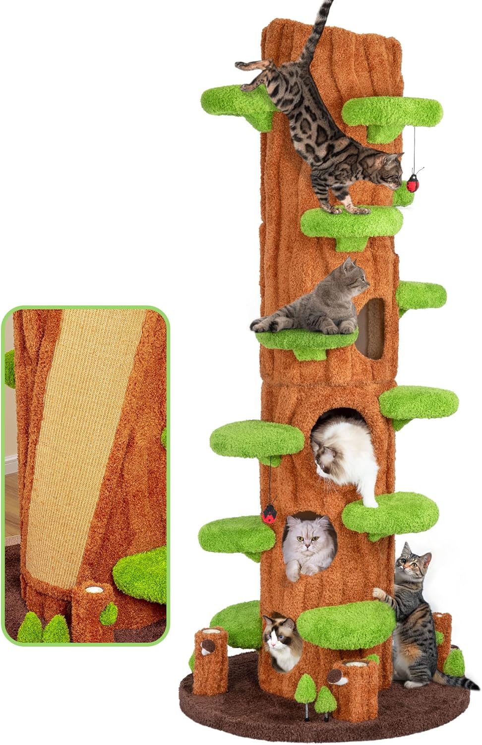 NUNU LAB 90 Inch Cat Tree Tower Large Magic Forest Solid Wood Multi-Level Cat Tower with Side Hideout & Platforms Cat Condo with Sisal Scratching Posts for Multi-Cat Homes